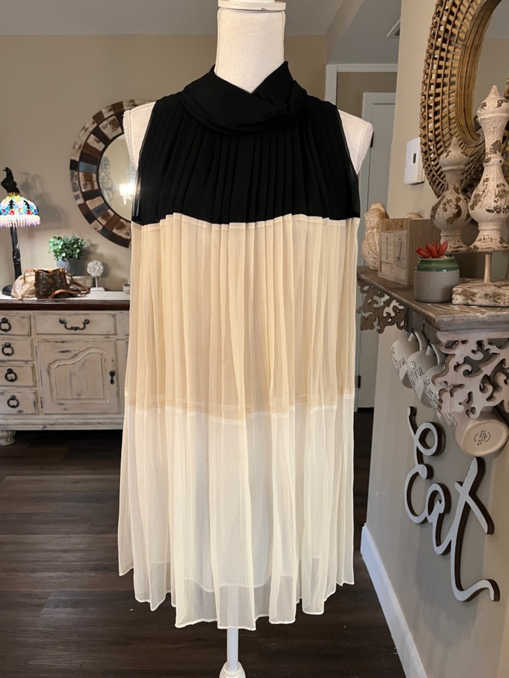 Robert Rodriguez Black and Cream Pleated Mini Dress